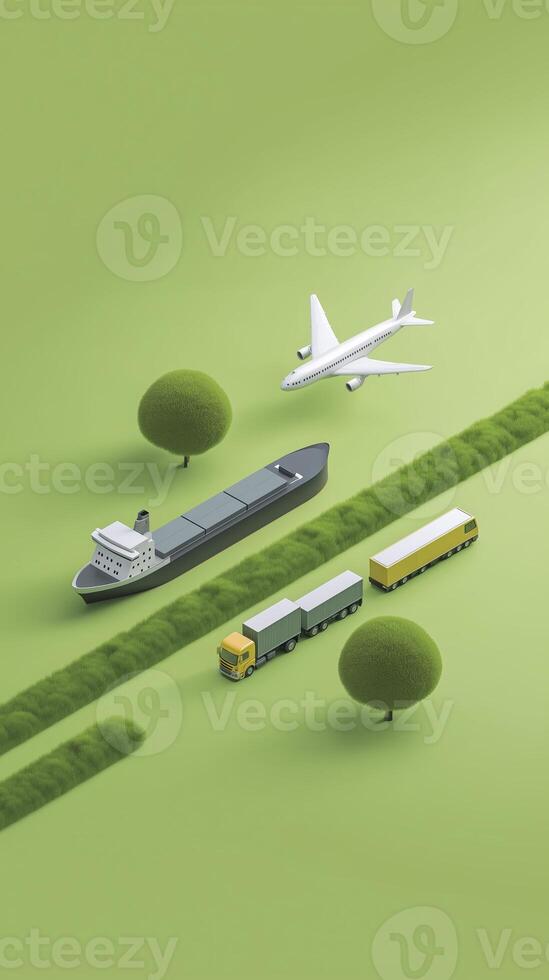 3D illustration of transportation modes including airplane, cargo ship, truck, and train on green landscape with trees, representing logistics and supply chain management concepts photo