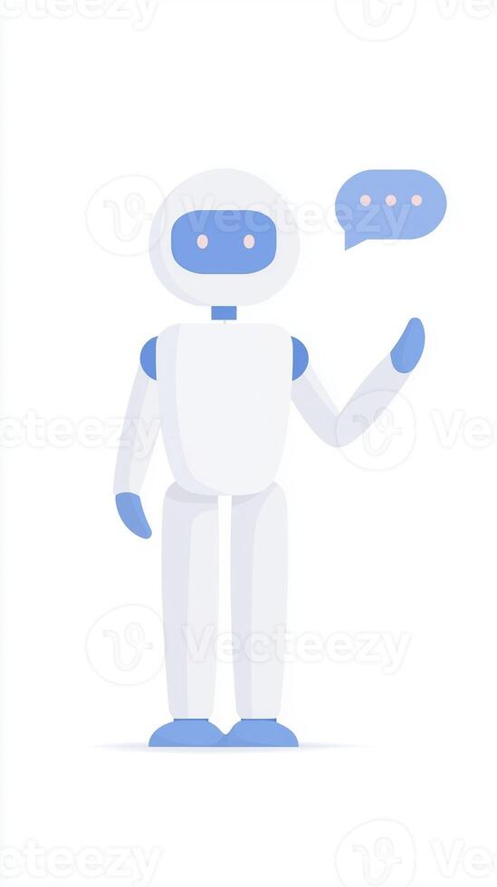 Friendly robot character in a flat illustration style, gesturing with one hand while displaying a speech bubble, representing communication and technology concepts in a modern design photo
