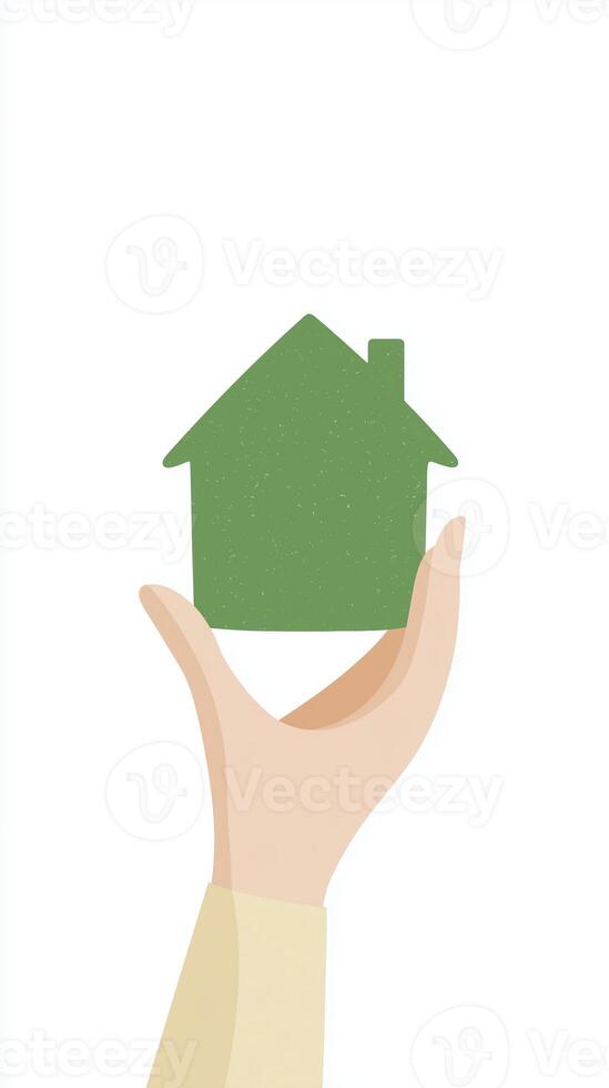 Hand holding a green house on white background photo