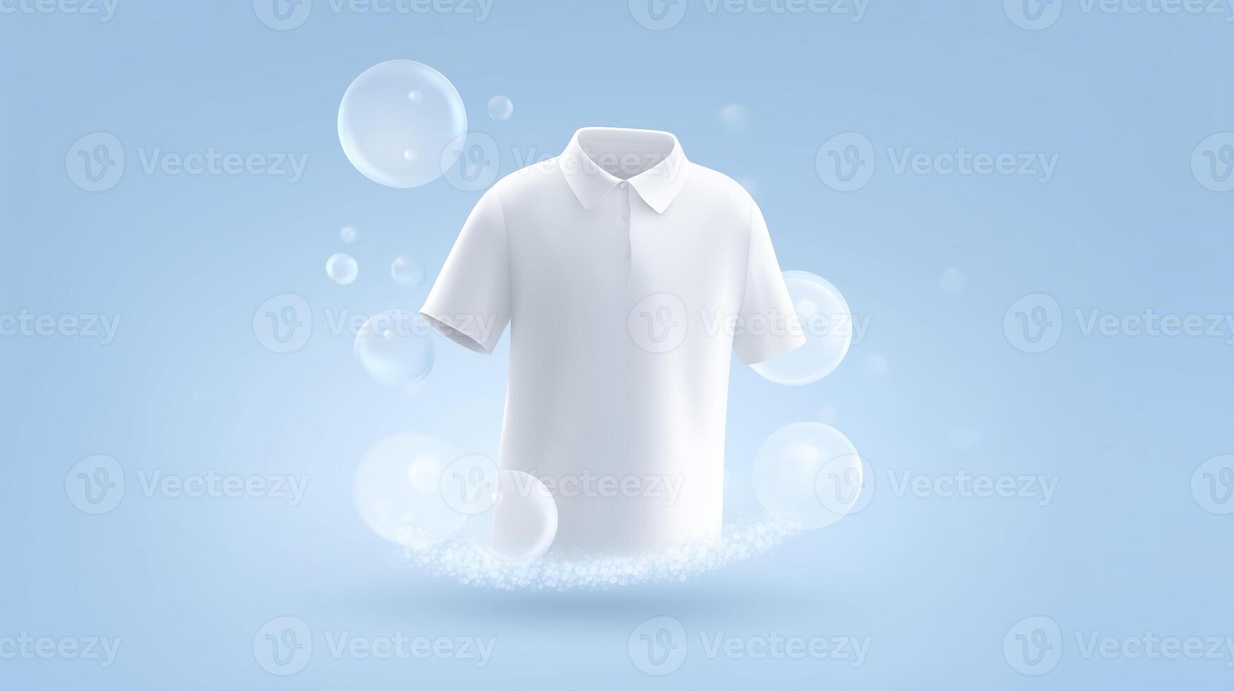 White polo shirt mock up floating in a soft blue background with bubbles, creating a fresh and clean atmosphere for design and branding purposes photo