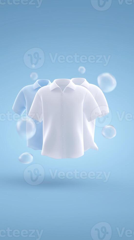 Three floating shirts in various colors, white and light blue, displayed against a soft blue background with bubbles, showcasing a clean and fresh laundry concept photo