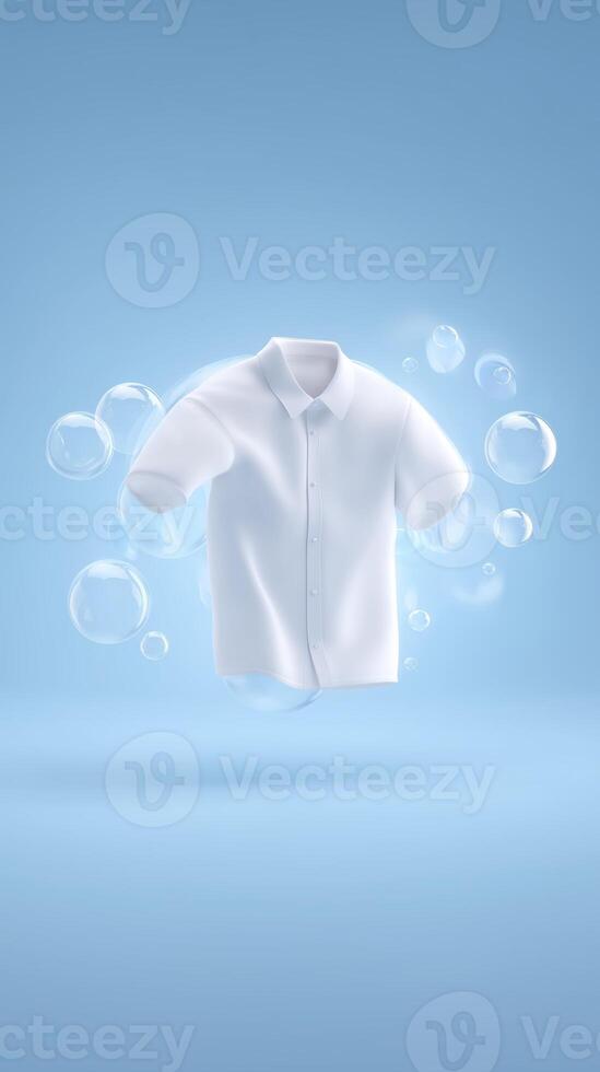 White short-sleeve shirt floating in a blue background surrounded by bubbles, showcasing a clean and fresh appearance, ideal for laundry or clothing advertisements photo