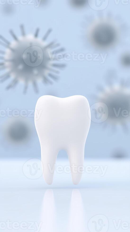 White tooth model stands prominently against a soft blue background, with abstract virus shapes blurred in the distance, illustrating dental health and hygiene concepts photo
