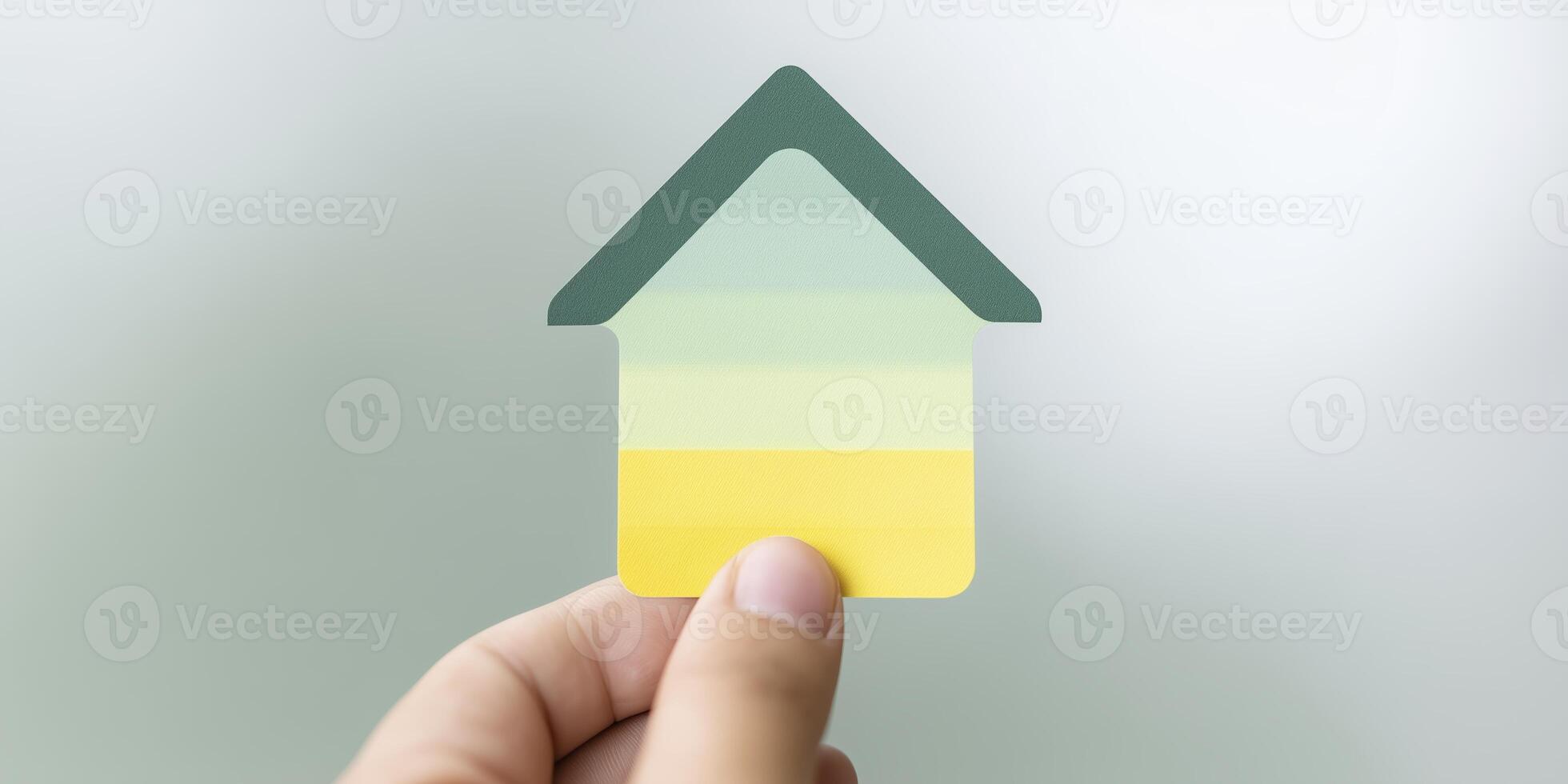 Hand holding a colorful paper cutout of a house symbol, showcasing layered colors of green, yellow, and blue, representing home and creativity in design and architecture photo