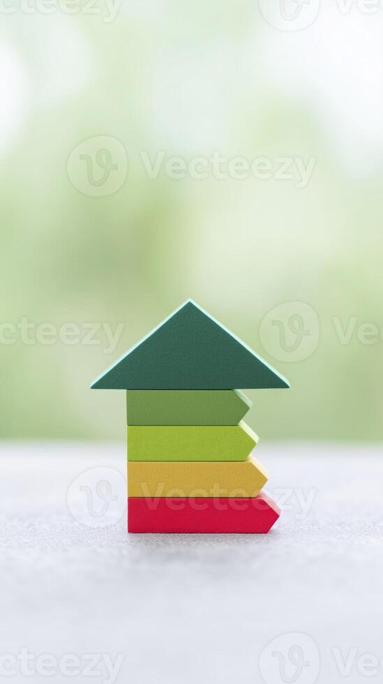 Colorful wooden blocks arranged in a house shape symbolize growth and progress, featuring green, yellow, red, and orange colors against a soft blurred background photo