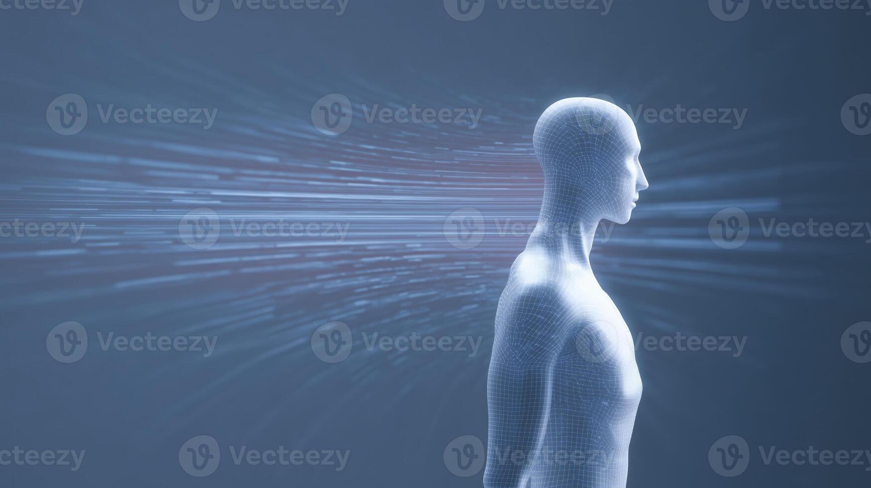 Abstract 3D illustration of a human figure in profile, surrounded by dynamic lines and light trails, symbolizing speed, technology, and the concept of digital transformation photo