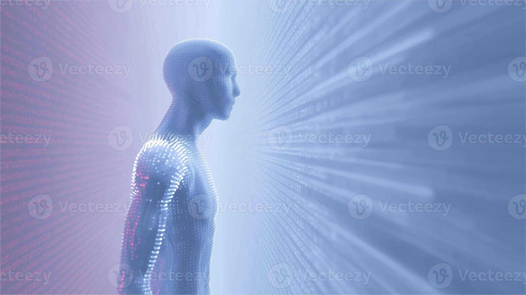 Futuristic humanoid figure composed of digital elements stands in a vibrant environment, illuminated by colorful light beams, representing the intersection of technology and humanity photo