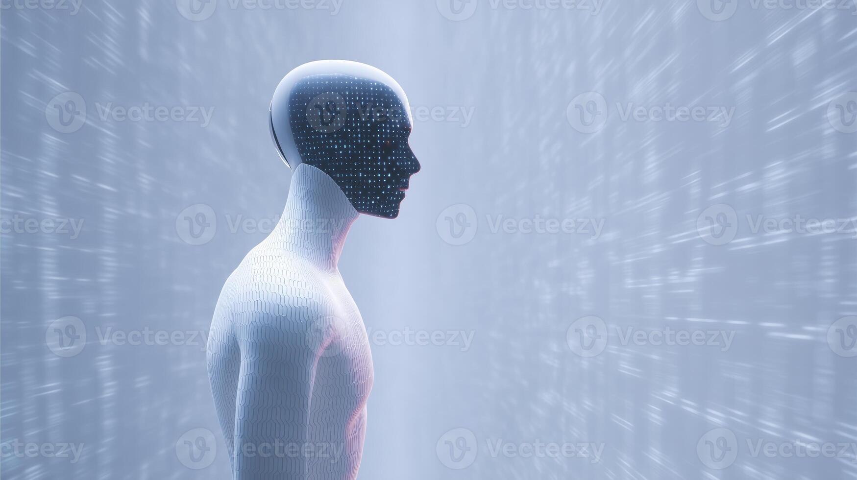 Futuristic humanoid figure with a digital face, surrounded by flowing data streams, representing the intersection of technology and human-like forms in a modern digital landscape photo