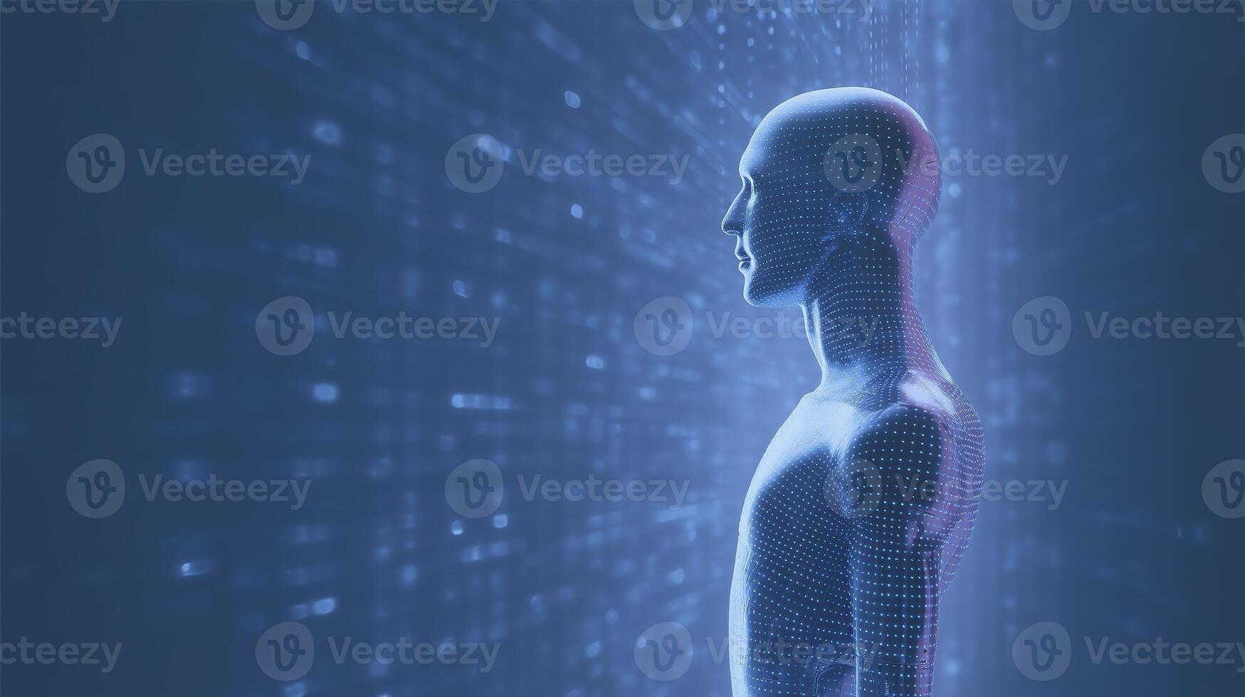 Futuristic digital human figure in profile, composed of glowing particles and data streams, representing technology, innovation, and the intersection of humanity and artificial intelligence photo