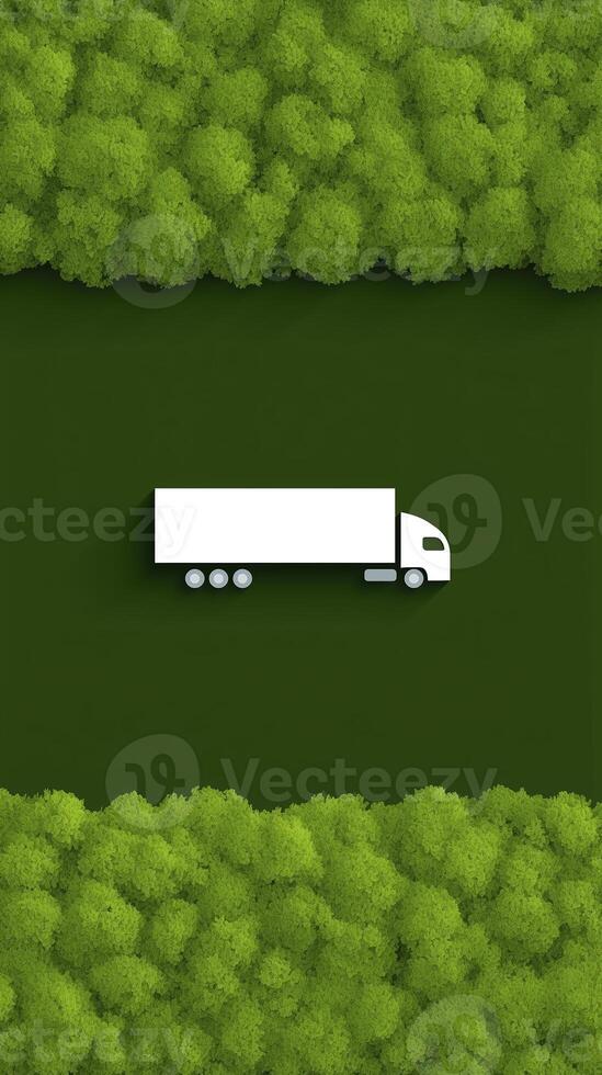 A white truck is driving through a green forest photo