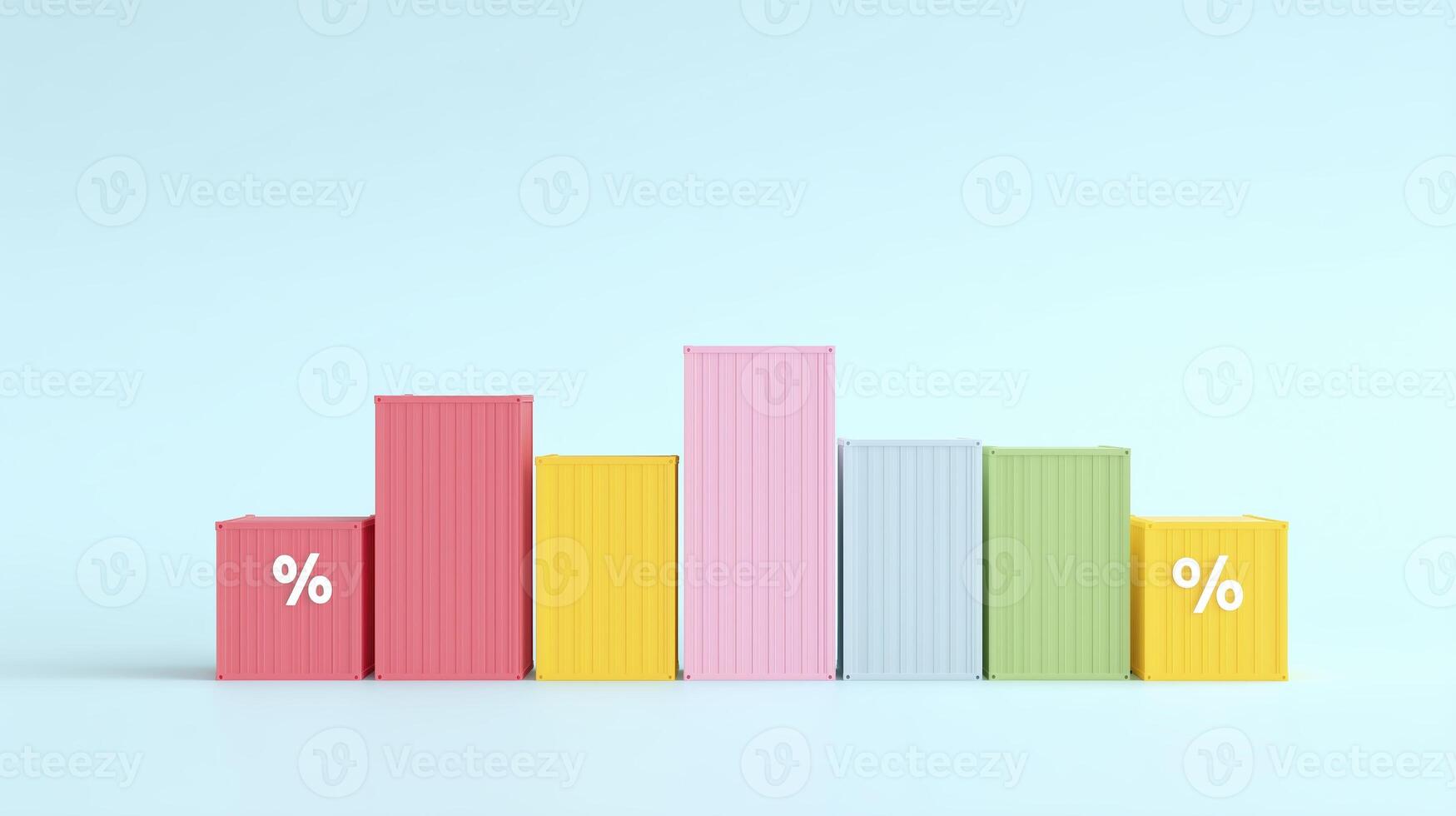 Colorful bar graph made of containers in pastel shades, representing data visualization with percentage symbols, ideal for illustrating growth and analysis in business presentations photo