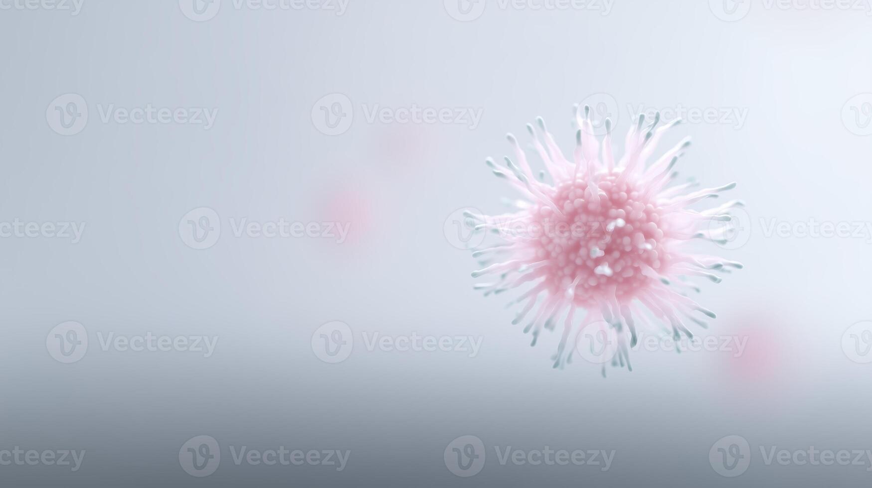 A pink virus is shown in the middle of a gray background photo