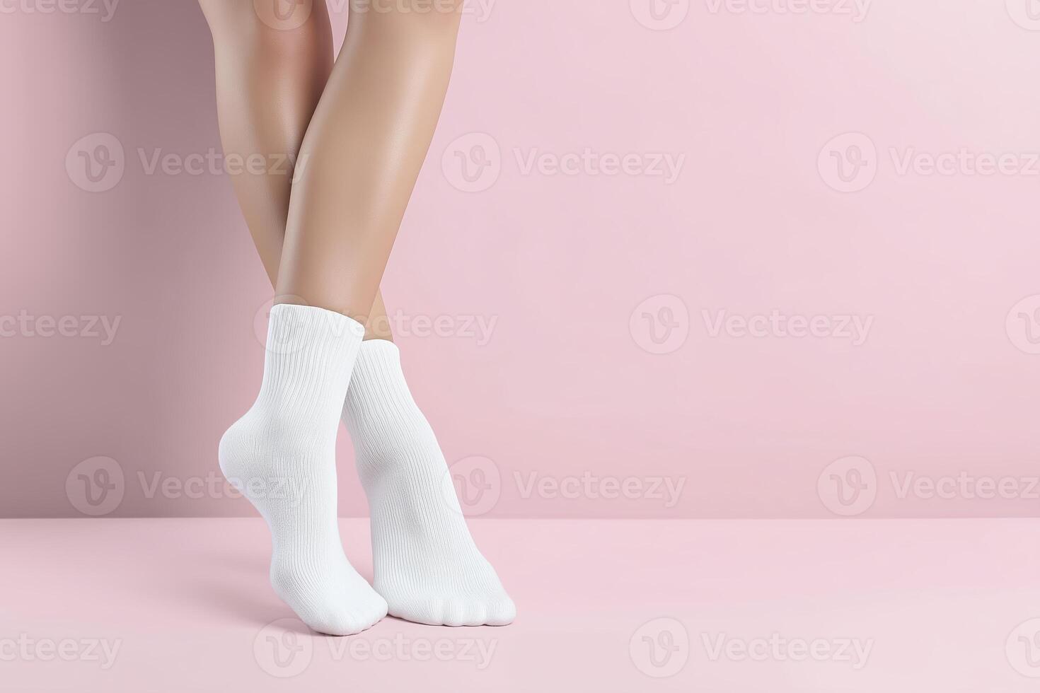 Female legs wearing white cotton socks are elegantly crossed on a soft pink background, showcasing comfort and style in a minimalist setting with a modern aesthetic photo