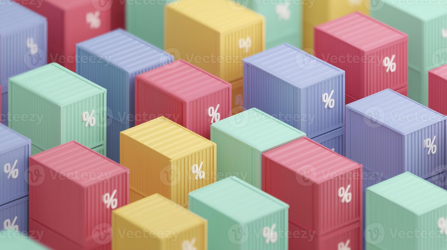 Colorful shipping containers arranged in a vibrant pattern, showcasing various hues and percentage signs, symbolizing trade, commerce, and logistics in a dynamic visual composition photo