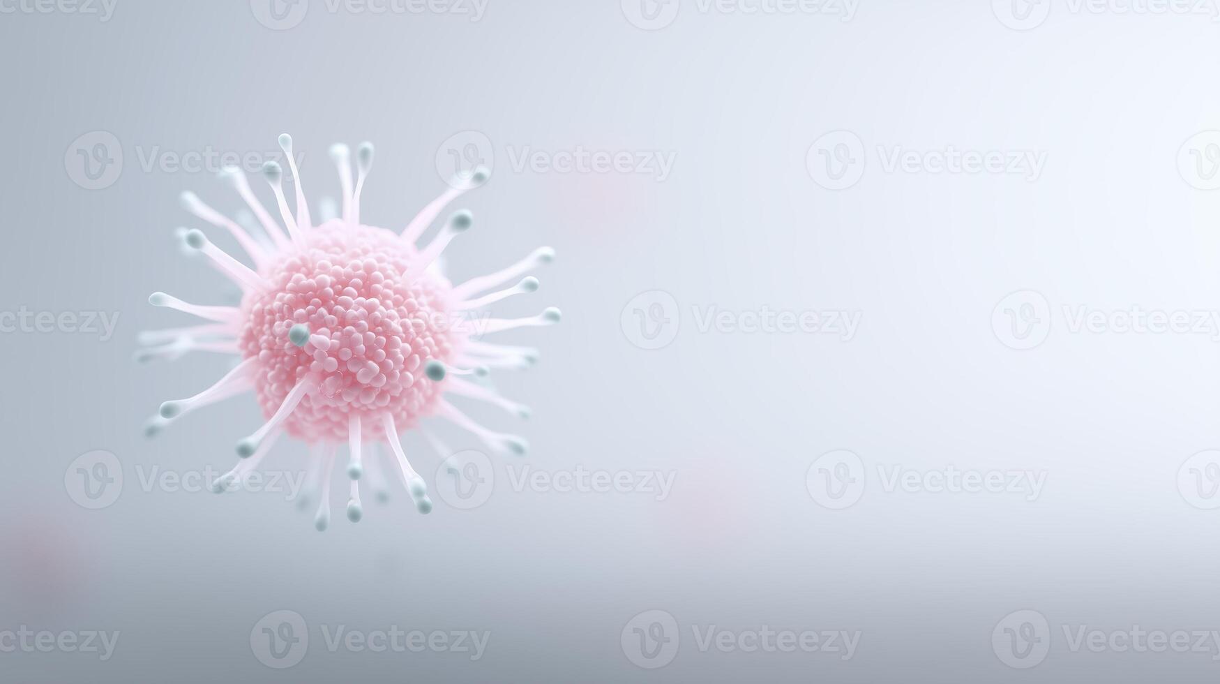 Pink virus illustration with protruding spikes, floating against a soft gradient background, representing microscopic life and health-related themes in a scientific context photo