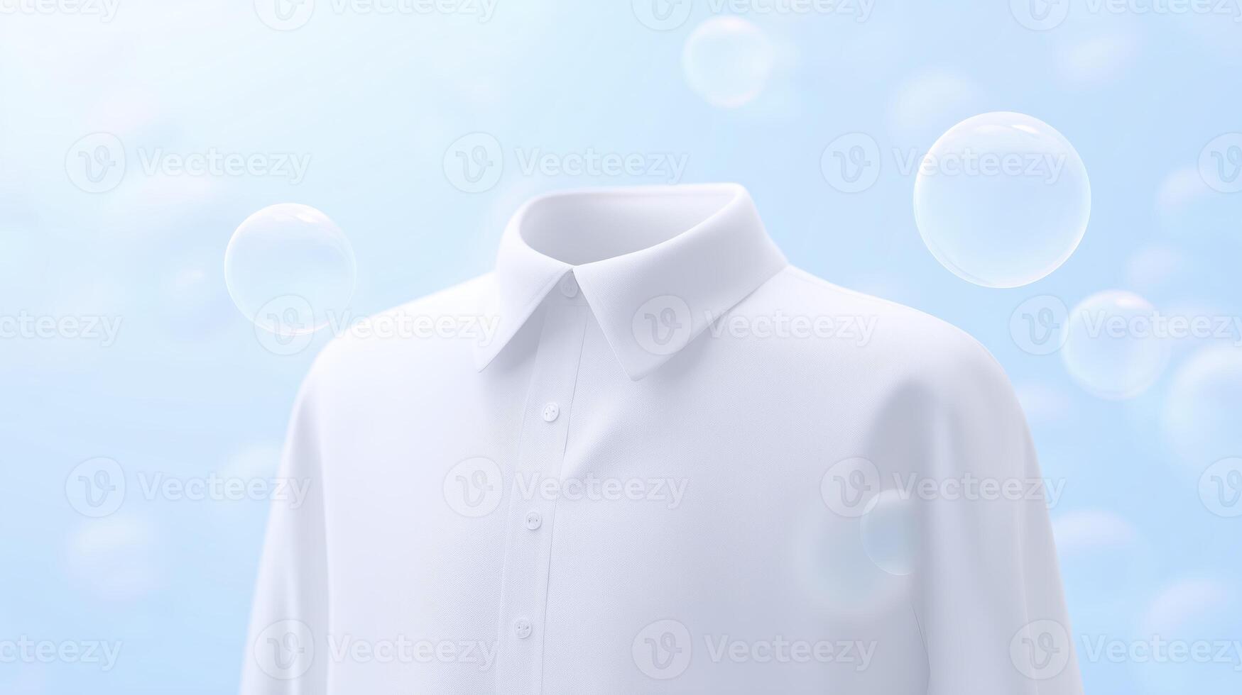 White shirt mock up with clean design, floating in a soft blue background with bubbles, ideal for showcasing fashion concepts and branding ideas in a minimalist style photo