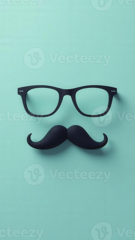 Fake mustache and glasses forming a funny face on turquoise background photo