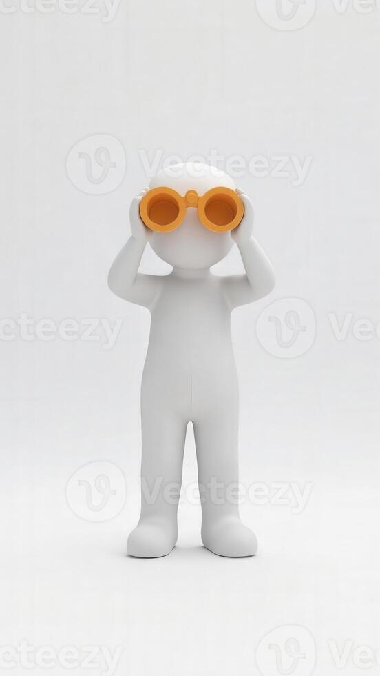 3d character looking through binoculars on white background photo