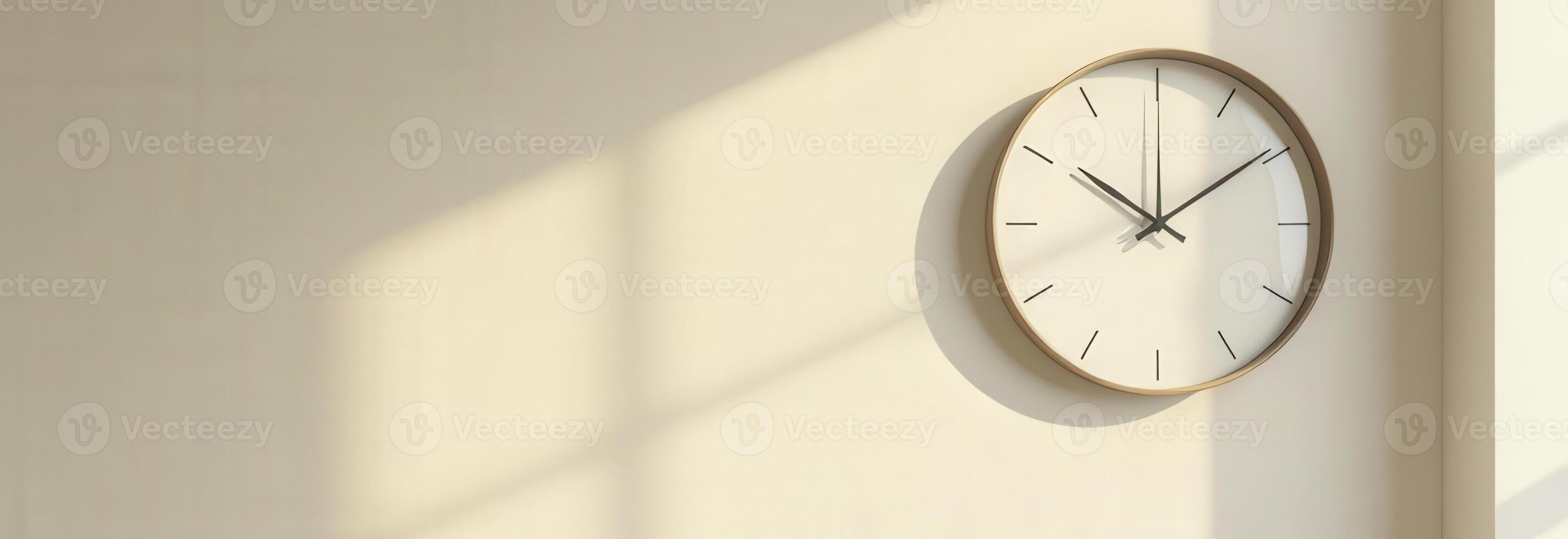 Modern clock hanging on wall with sunlight creating shadows photo