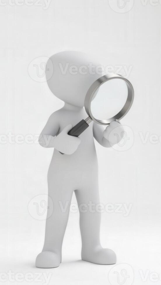 3d character holding magnifying glass exploring and investigating photo