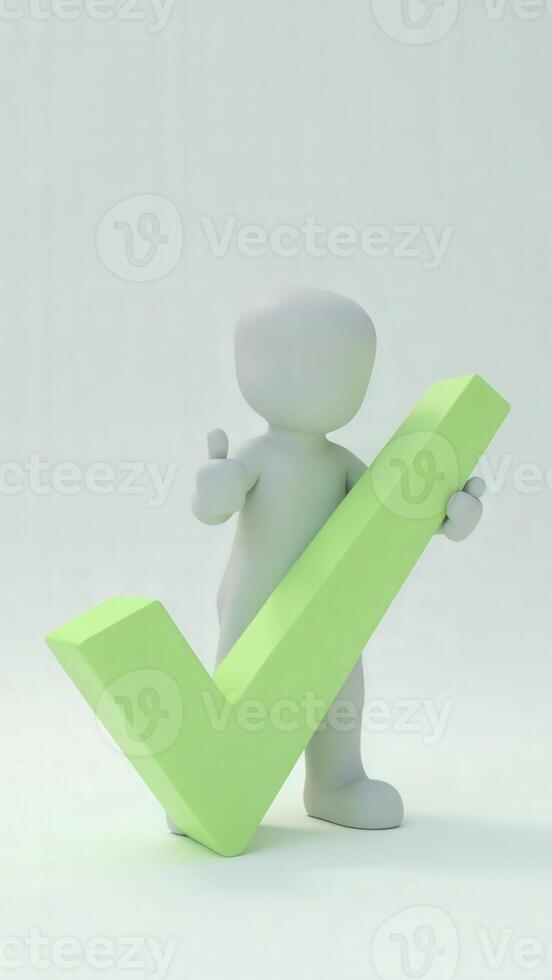 3d character holding green check mark on white background photo