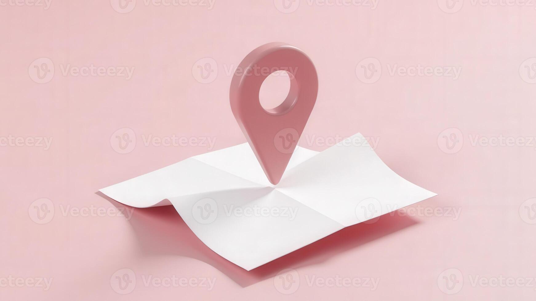 Pink location pin pointing folded paper map on pink background photo