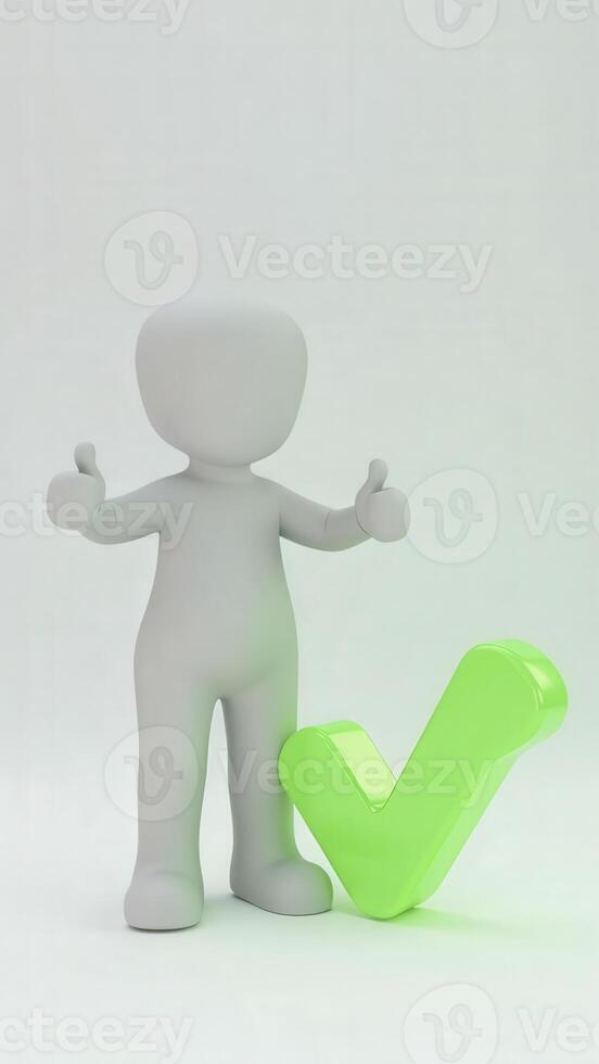 3d man with green tick mark on white background photo