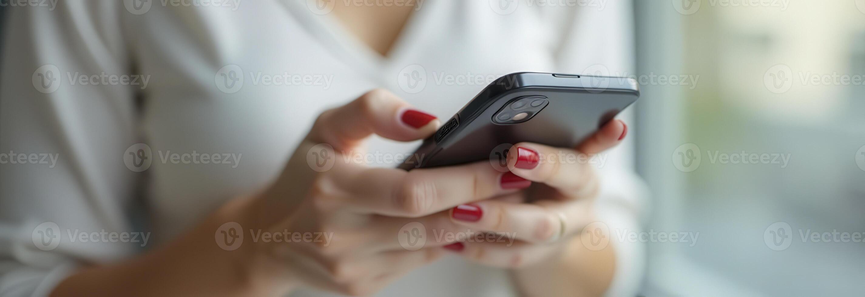 Businesswoman using smartphone, browsing internet, mobile application, modern technology photo
