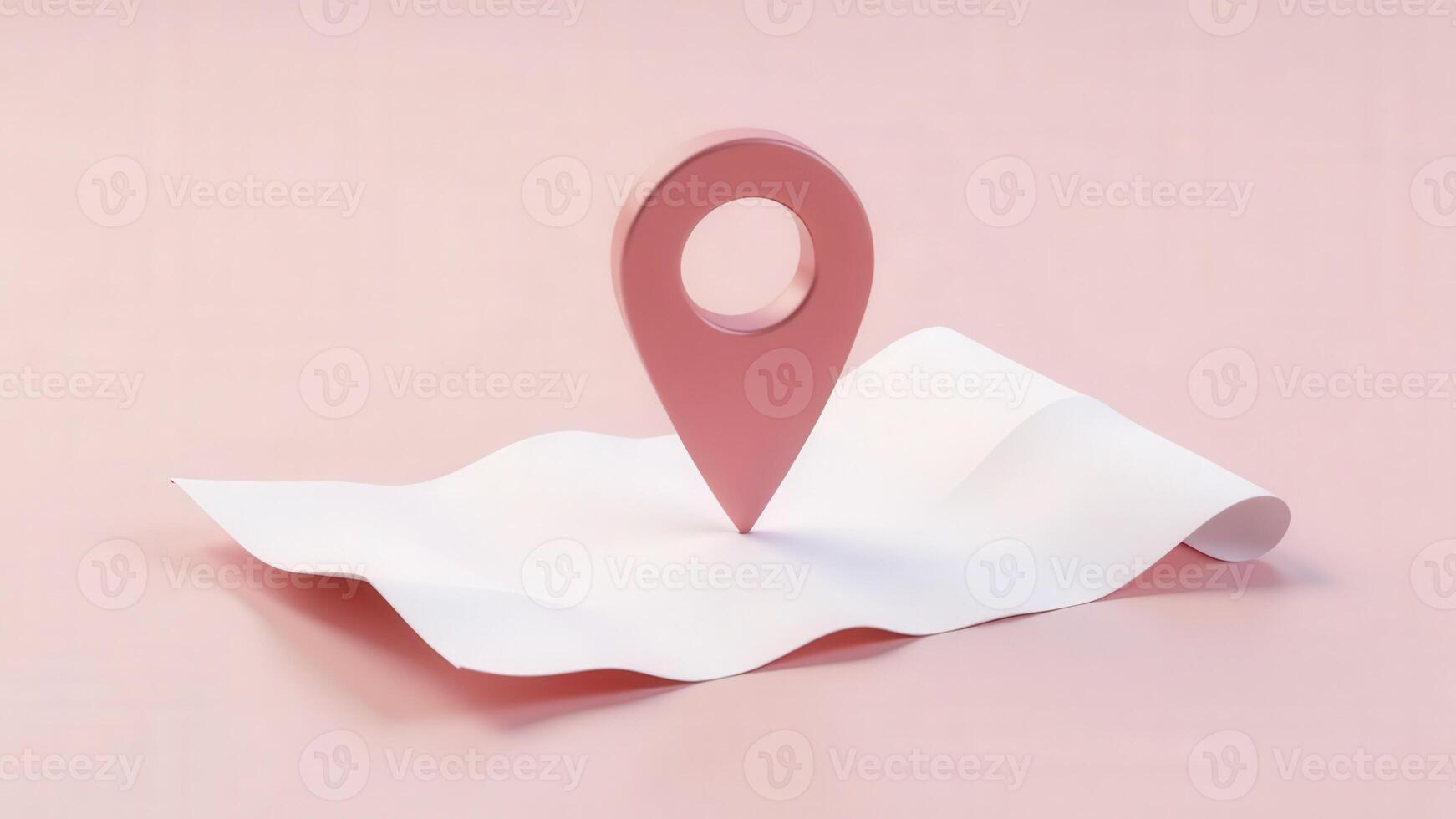 Pink location pin pointing on white folded map on pink background photo