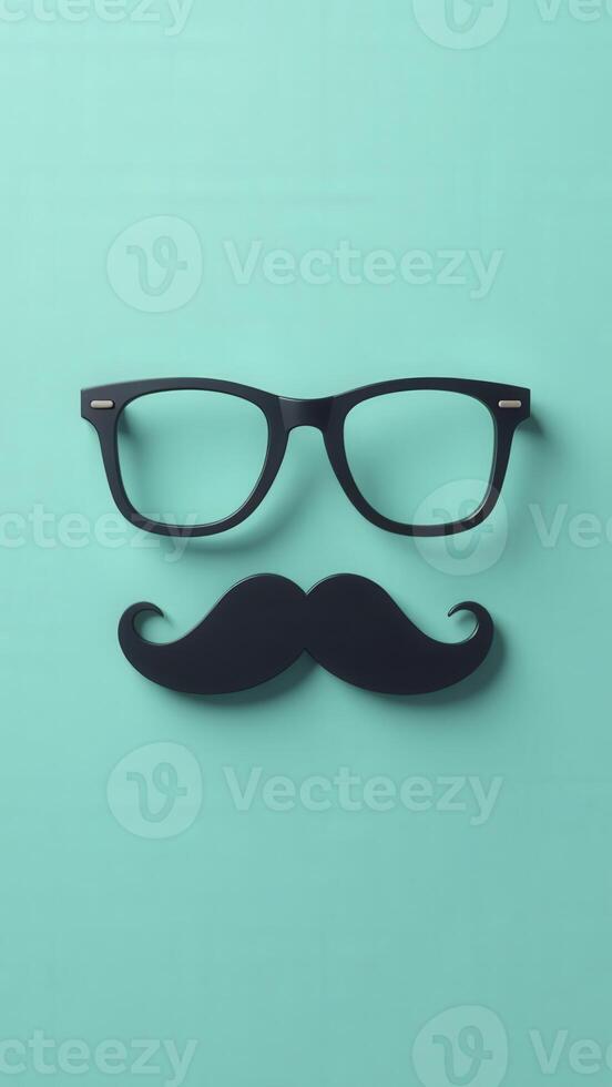 Black glasses and mustache creating a face on turquoise background photo
