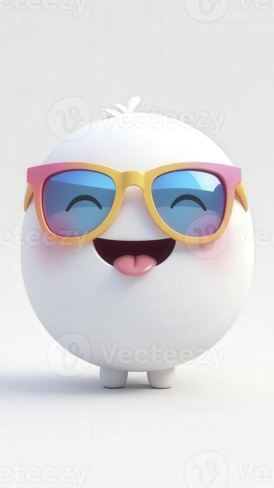 Cute egg-shaped character wearing sunglasses and sticking out tongue in 3d render photo