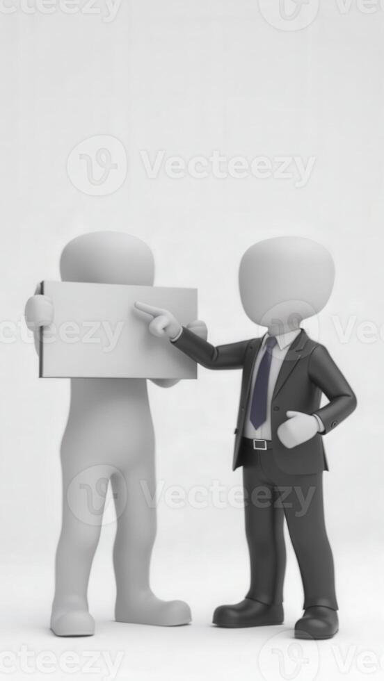Businessman pointing at blank sign held by 3d model photo