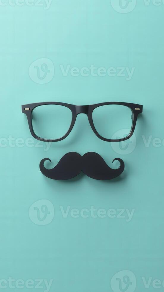 Fake mustache and eyeglasses forming a face on turquoise background photo
