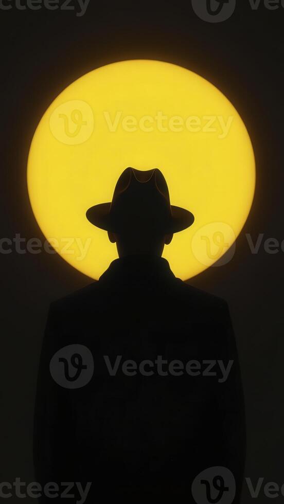 Man wearing hat with back to viewer facing glowing yellow circle photo