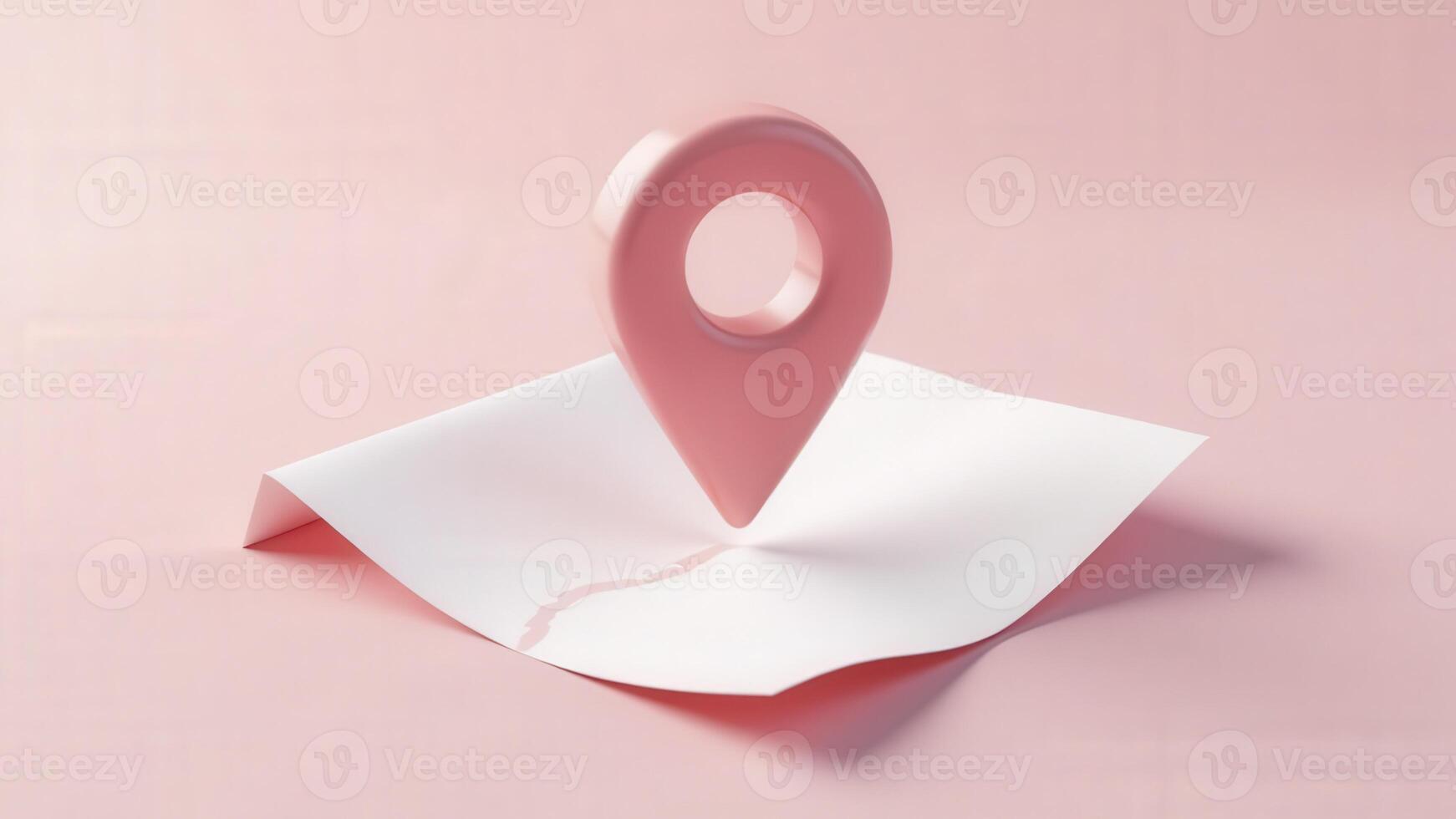 Pink location pin hovering over white folded paper on pink background photo