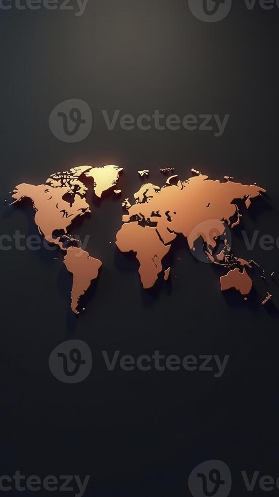 Golden world map shining on dark background representing global business and international trade photo