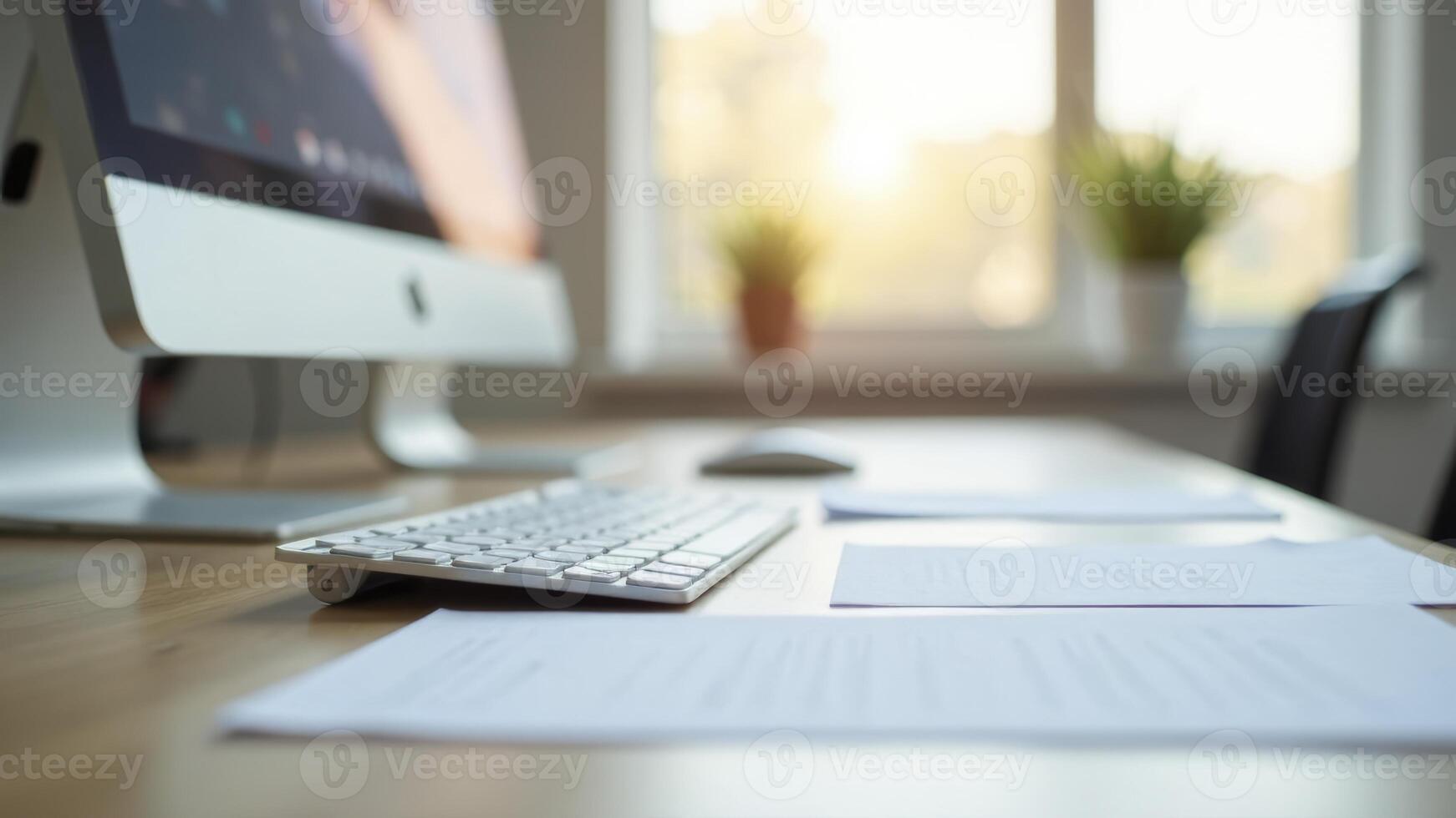 Modern workspace with computer, keyboard, and documents on desk, showcasing productivity and organization in a bright environment, office design concept photo