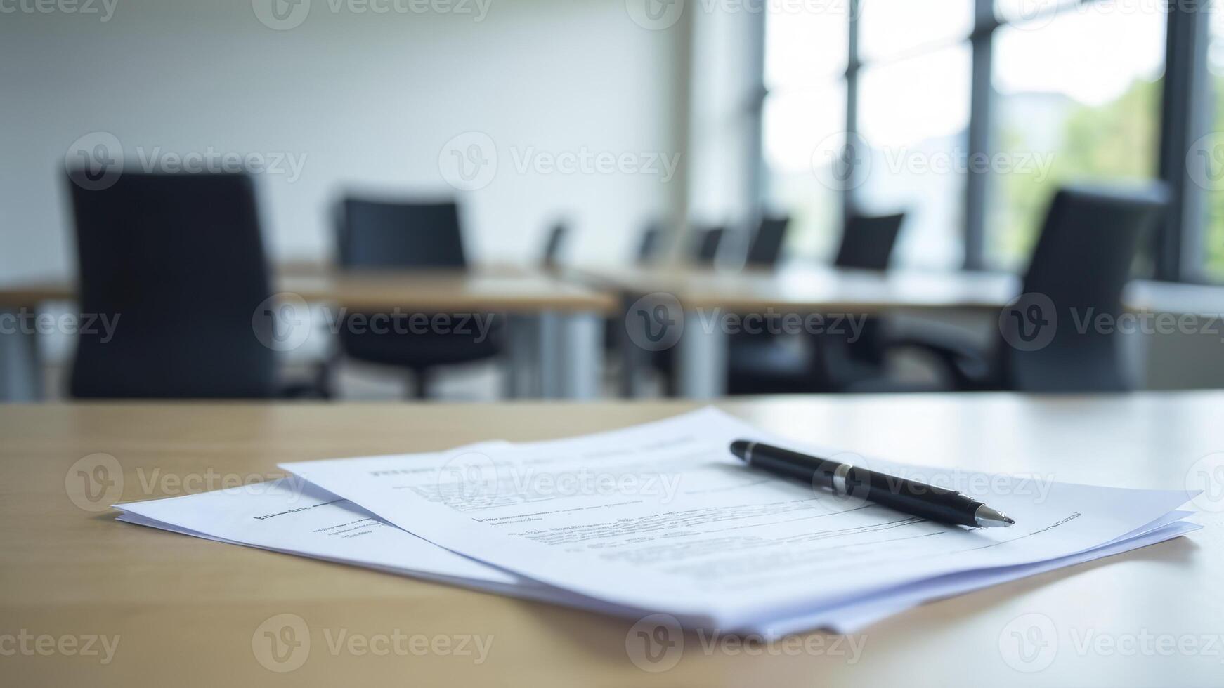 Office workspace with documents and pen on table showcasing a professional environment ideal for productivity and collaboration in a modern office setting concept photo