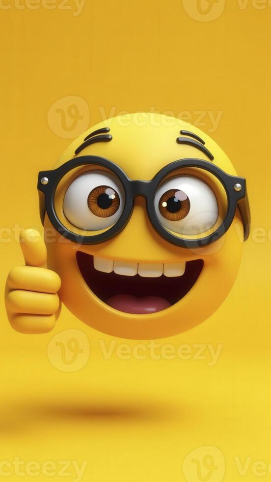 Smiling happy emoji with glasses showing thumbs up on yellow background photo