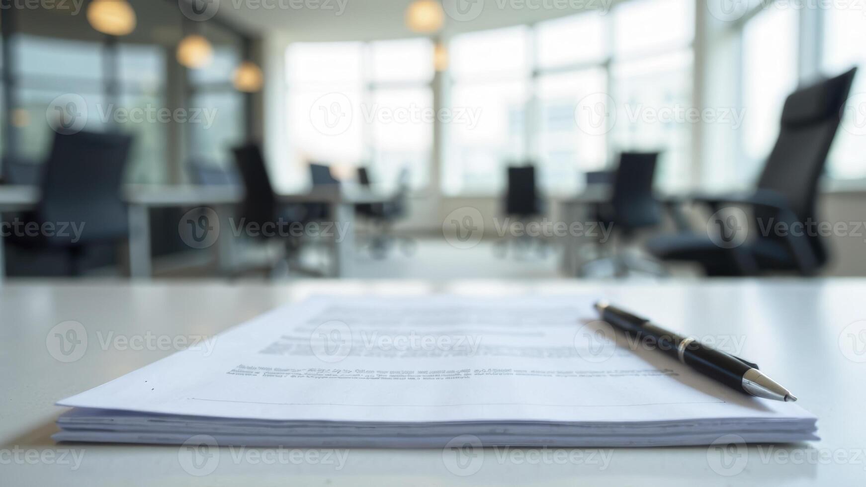 Office workspace with documents and pen on table, modern design, bright lighting, professional environment, focus on paperwork, business concept photo