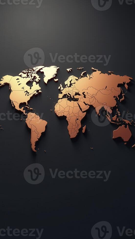 Golden world map showing all continents and countries on dark background photo