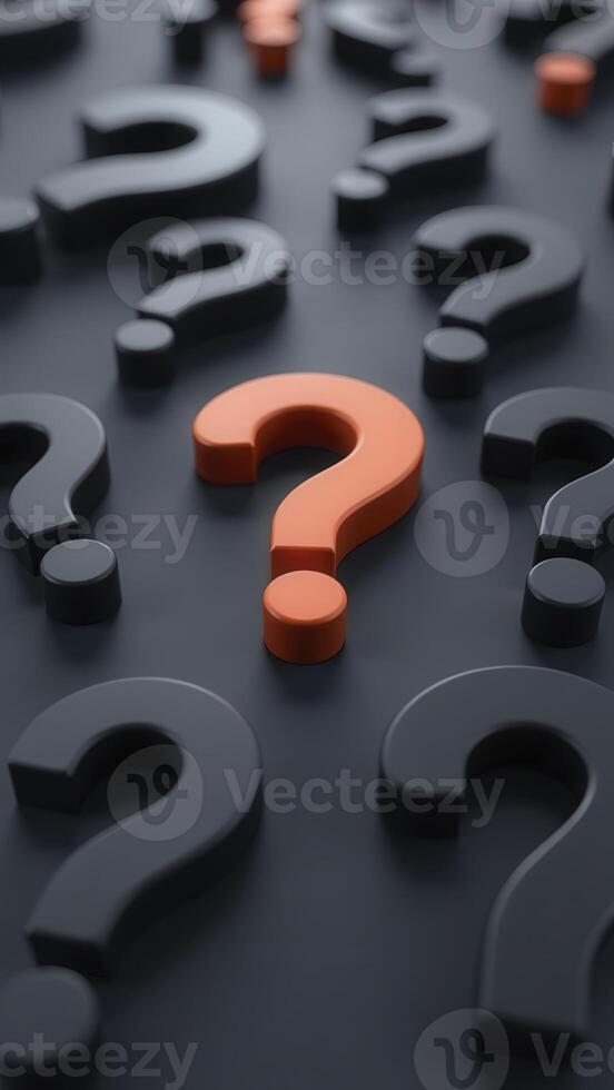 Many question marks are scattered on a black surface photo