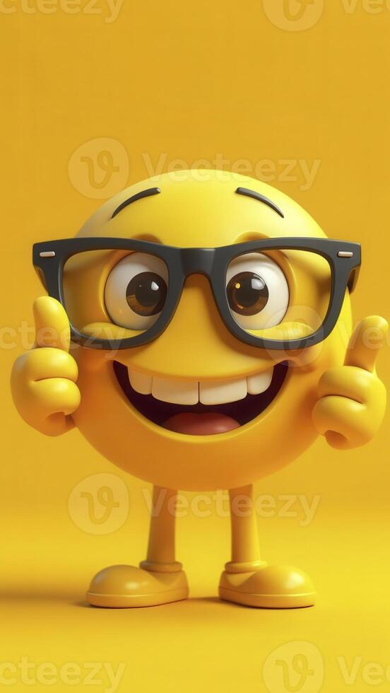 Smiling emoji wearing glasses and showing thumbs up on yellow background photo
