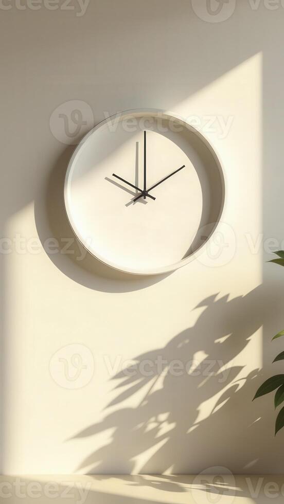 Minimalist white clock hanging on a bright wall casting shadows from a plant nearby photo