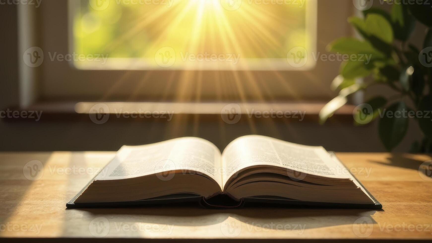 Open book on wooden table illuminated by sunlight streaming through window, creating a warm atmosphere and inviting reading experience, knowledge sharing concept photo