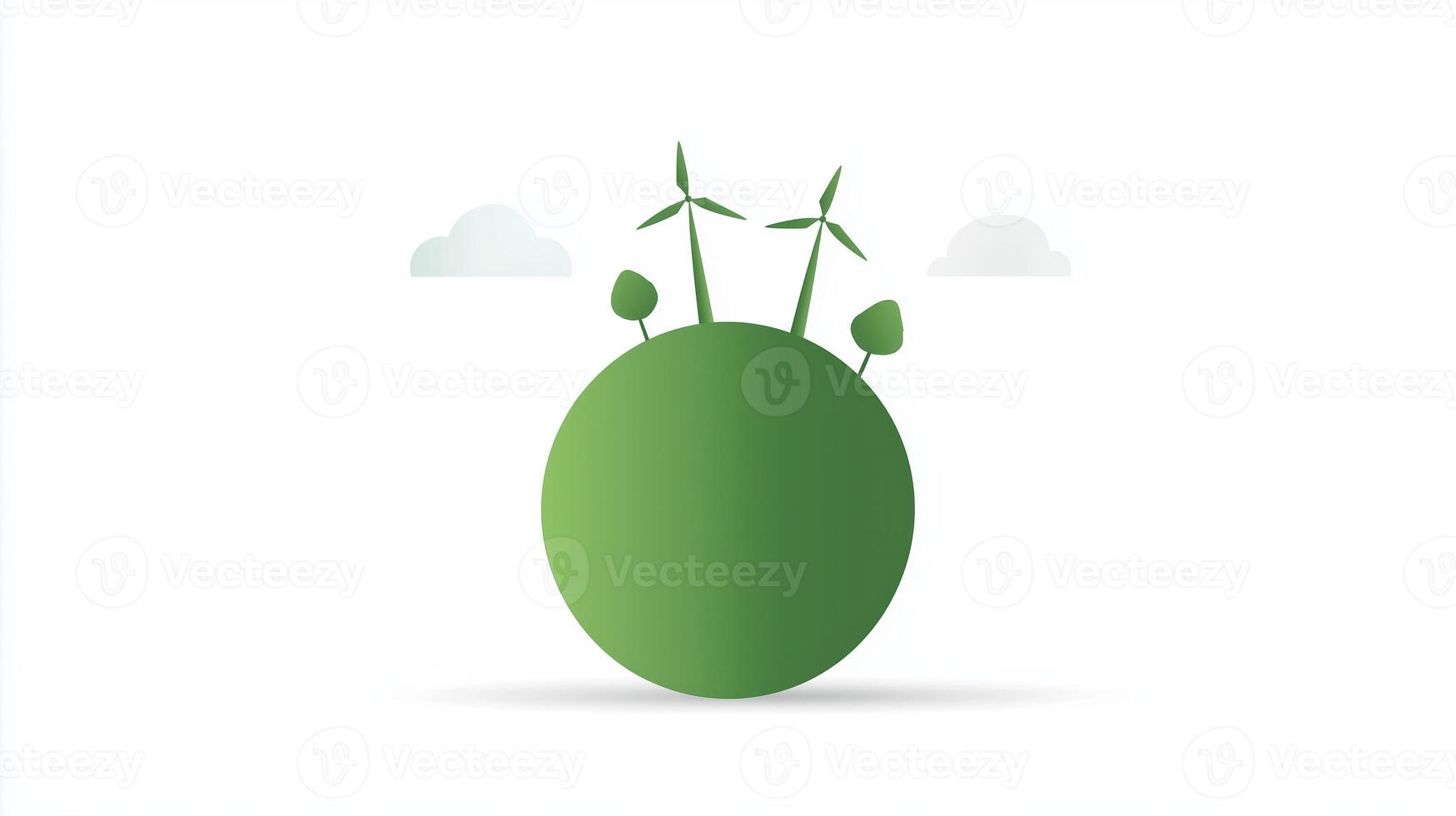 Green globe illustration featuring wind turbines and trees, symbolizing renewable energy and environmental sustainability with a clean, modern design and soft cloud accents photo