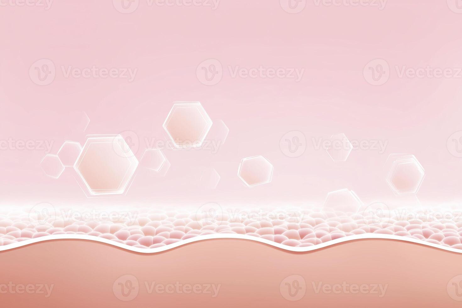 Abstract illustration of skin layers with hexagonal structures floating above, showcasing a soft pink gradient background, representing beauty and skincare concepts in a modern design photo