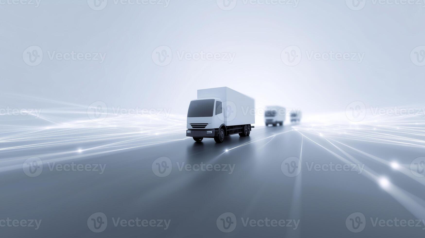 White delivery trucks driving on a futuristic road with glowing lines, representing logistics and transportation in a modern digital landscape with motion blur effects photo