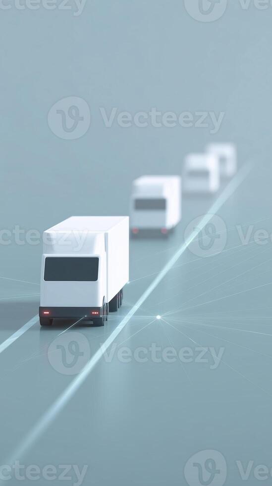 White delivery trucks on a digital road, showcasing modern logistics and transportation technology, with a futuristic design and abstract background elements enhancing the scene photo