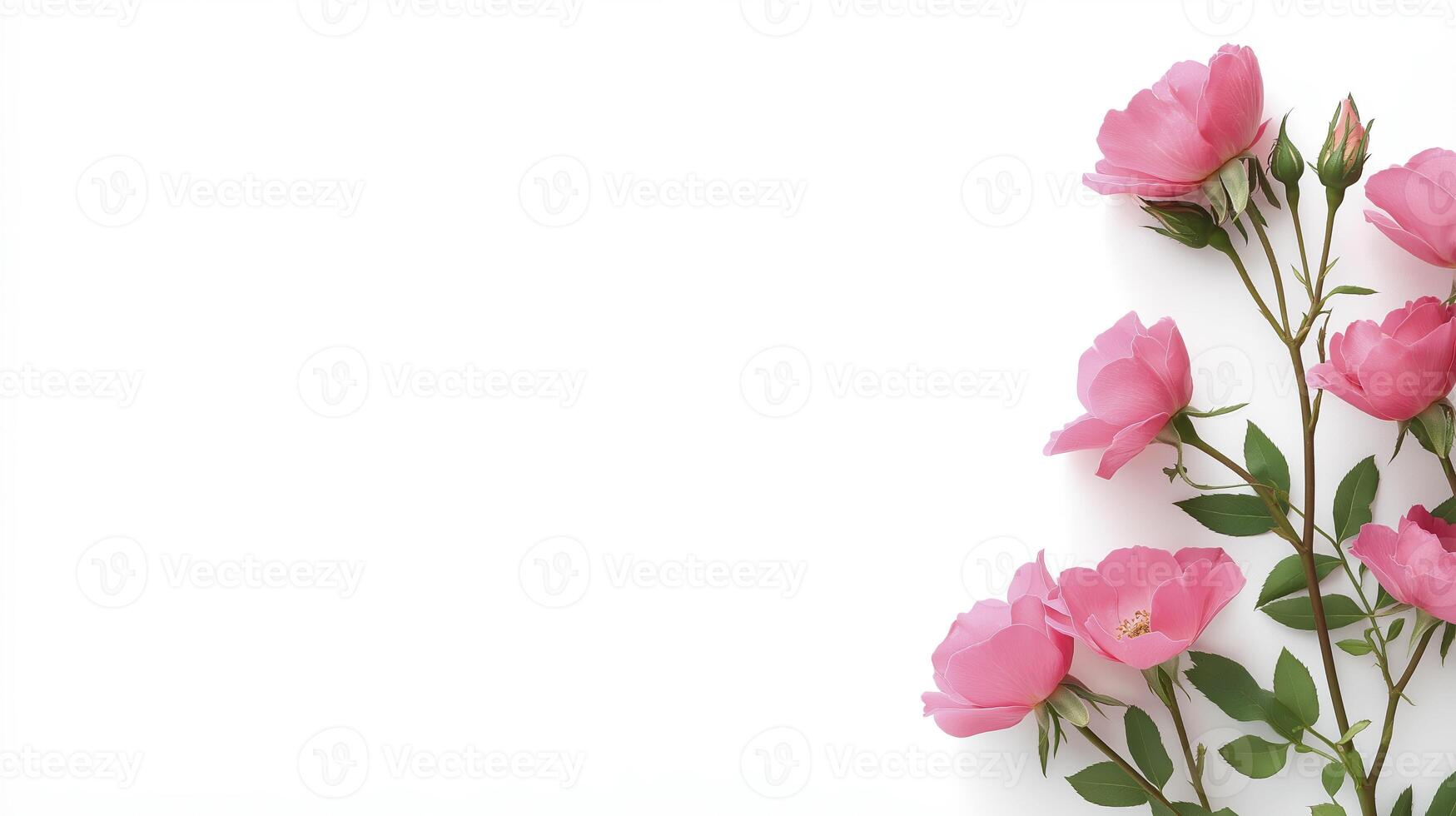 Pink roses on white background with copy space photo